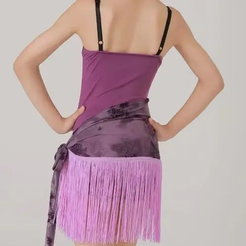 

2025 Purple printed tassel Latin dance costumes girls practice costumes dance practice costumes and performance