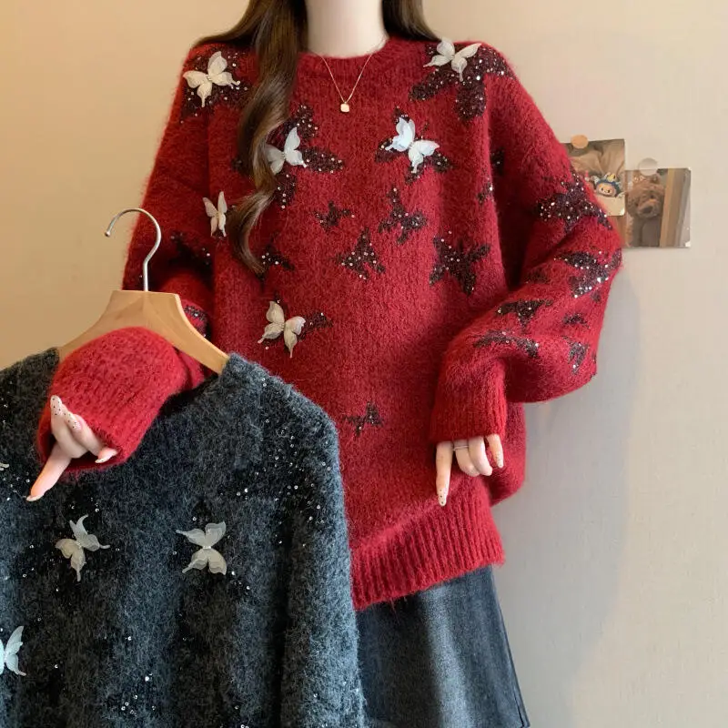 

Горячая новинка, модная универсальная рождественская женская одежда больших размеров, красный свитер, повседневные свободные стильные вязаные свитера среднего и длинного размера