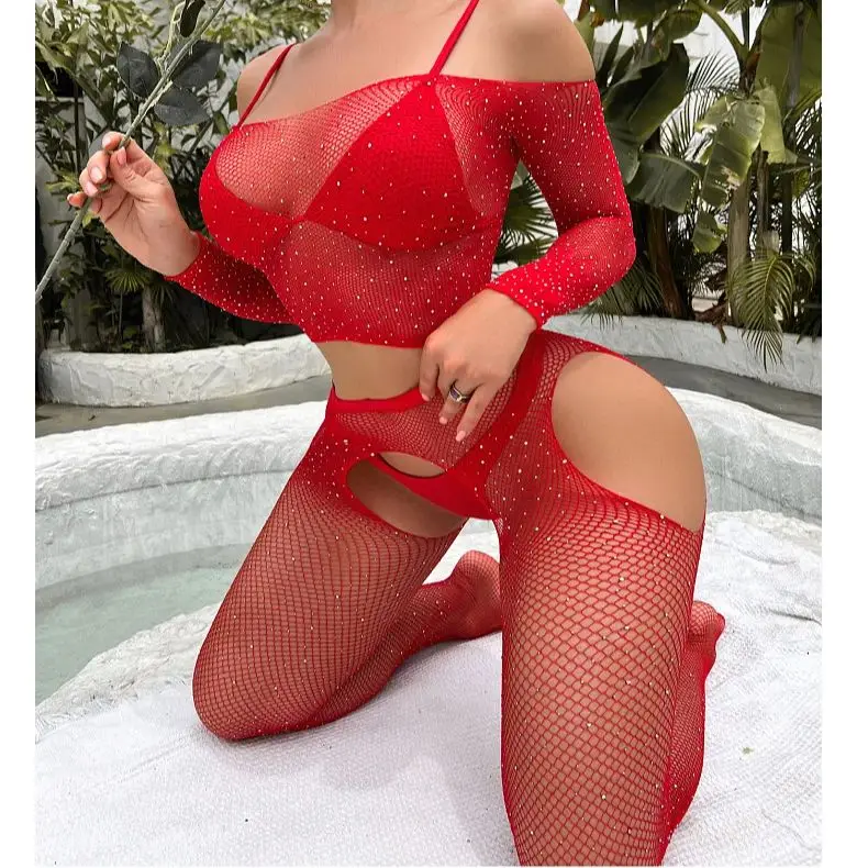 

Sexy Fishnet Rhinestone Bodycon Long Sleeve Top Open Crotch Pantyhose Crystal 2 Piece Suit Diamonds Bodystocking Lingerie