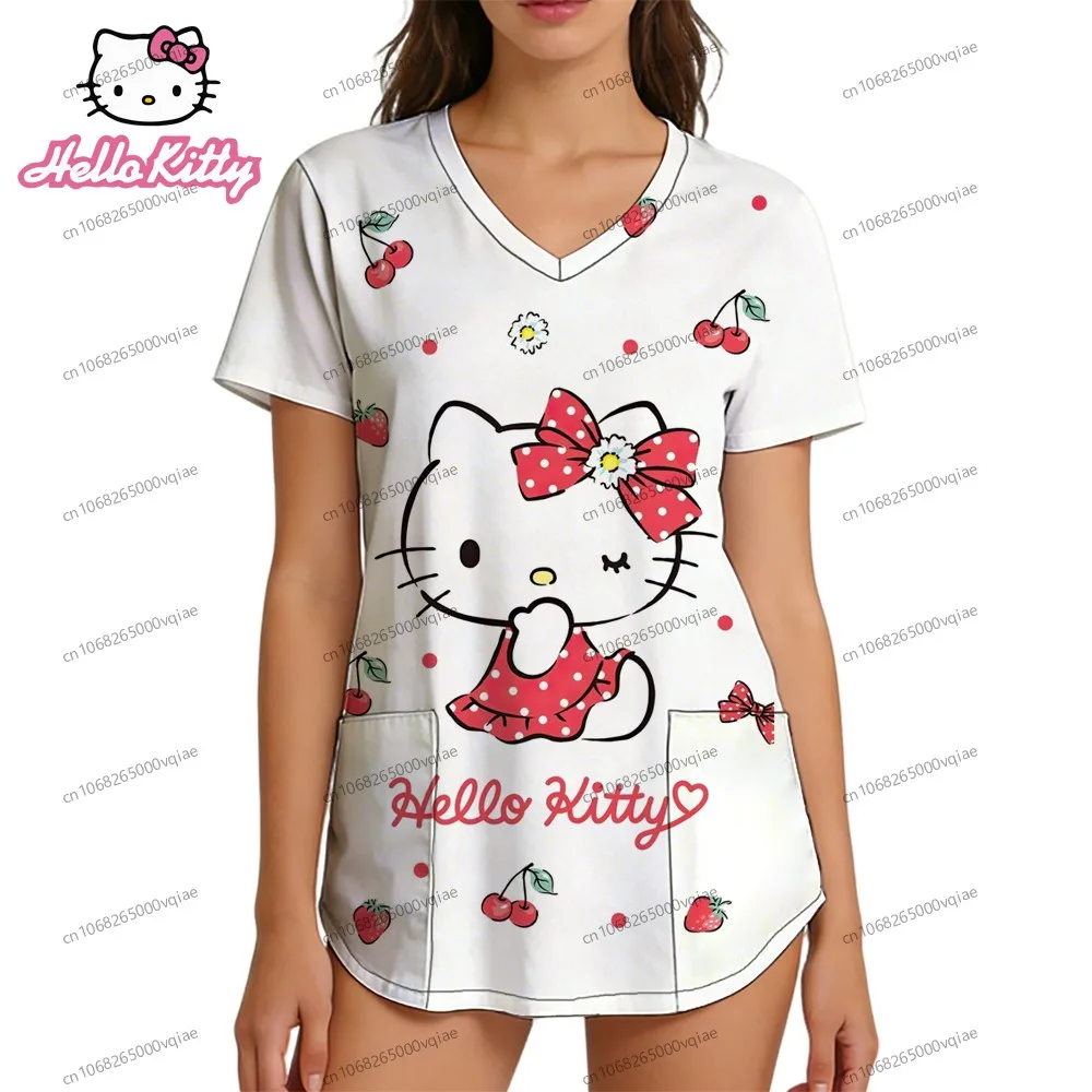 

Women's V Neck Nurse Uniform T-Shirt Hello Kitty Pocket Youthful Woman Clothes Tops Street Wear Kawaii Summer 2026 S-2XL Y2k