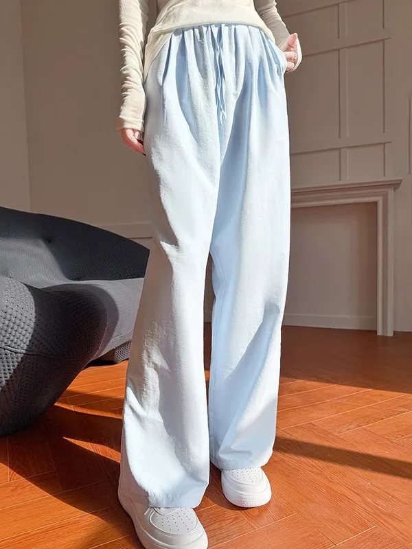 

Летние тонкие брюки из ледяного шелка с широкими штанинами, женские, с высокой талией, прямые, свободного кроя, в стиле Sembach, повседневные, цвет молочной пены, длинные брюки