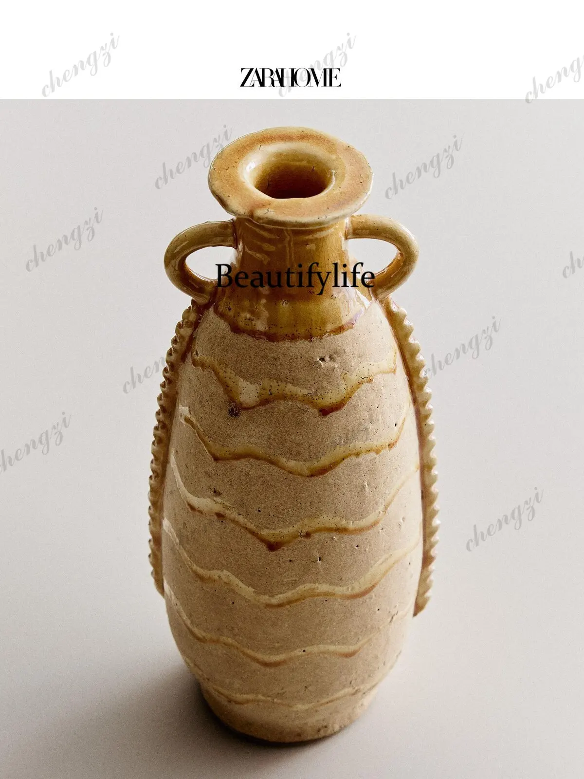 Corrugated relief with handle glazed red pottery decorative narrow mouth quaint vase