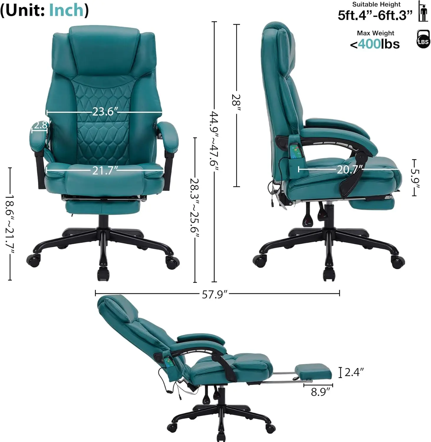 Massage Office Chair with Foot Rest 6 Points Vibration and Heat Home Office Desk Chairs for Heavy People 400lbs (Teal Blue)