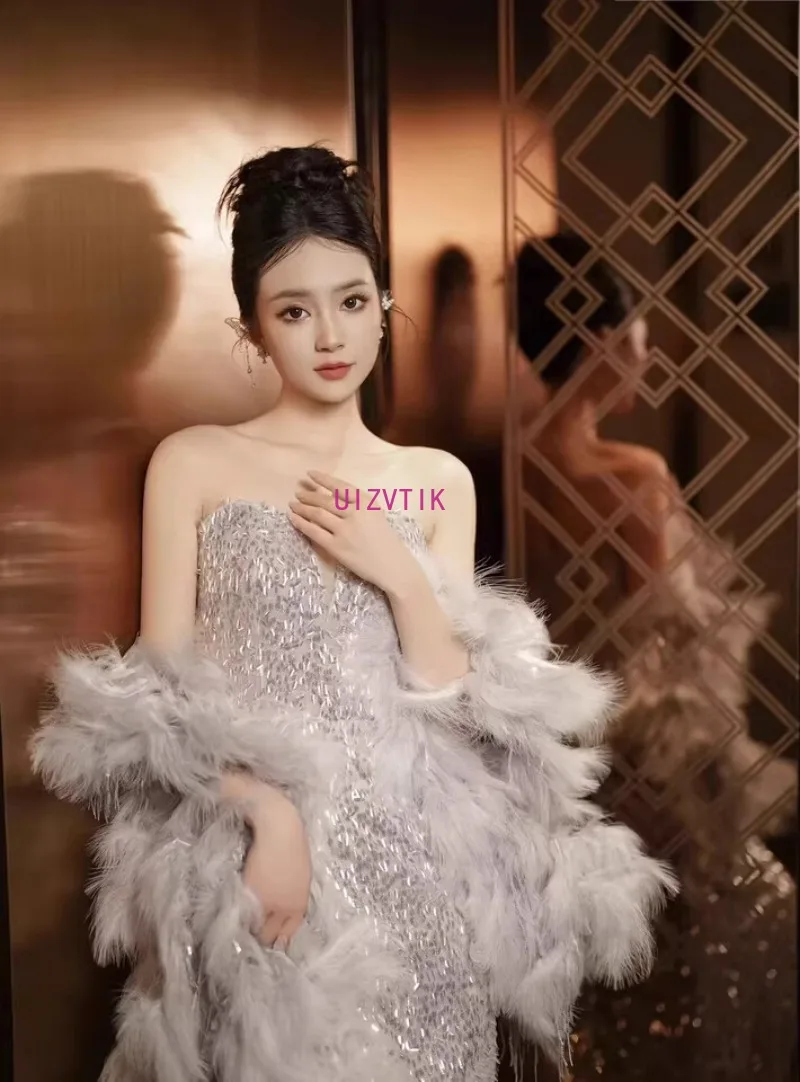 Vestidos de noche elegantes sin tirantes con lentejuelas para mujer con chal, vestido de fiesta con cuentas de lentejuelas, vestidos largos sexis de sirena para novia