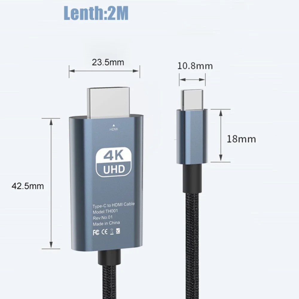 4K 60hz Usb C To Hdmi-compatible Cable Aluminum Type-c To Hdmi-compatible Cord Support Thunderbolt 3 4 For Iphone 15 Macbook