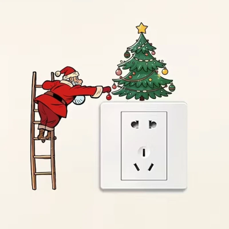 3pcs Christmas Santa Claus Ladder Tree Wall Sticker Self Adhesive Light Switch Decal Xmas Home Decor Window Art