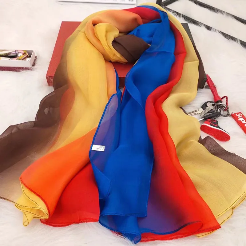 2023 Spring New Gradient Chiffon 100% Silk Scarf Mulberry Silk Chiffon Sun Protection
