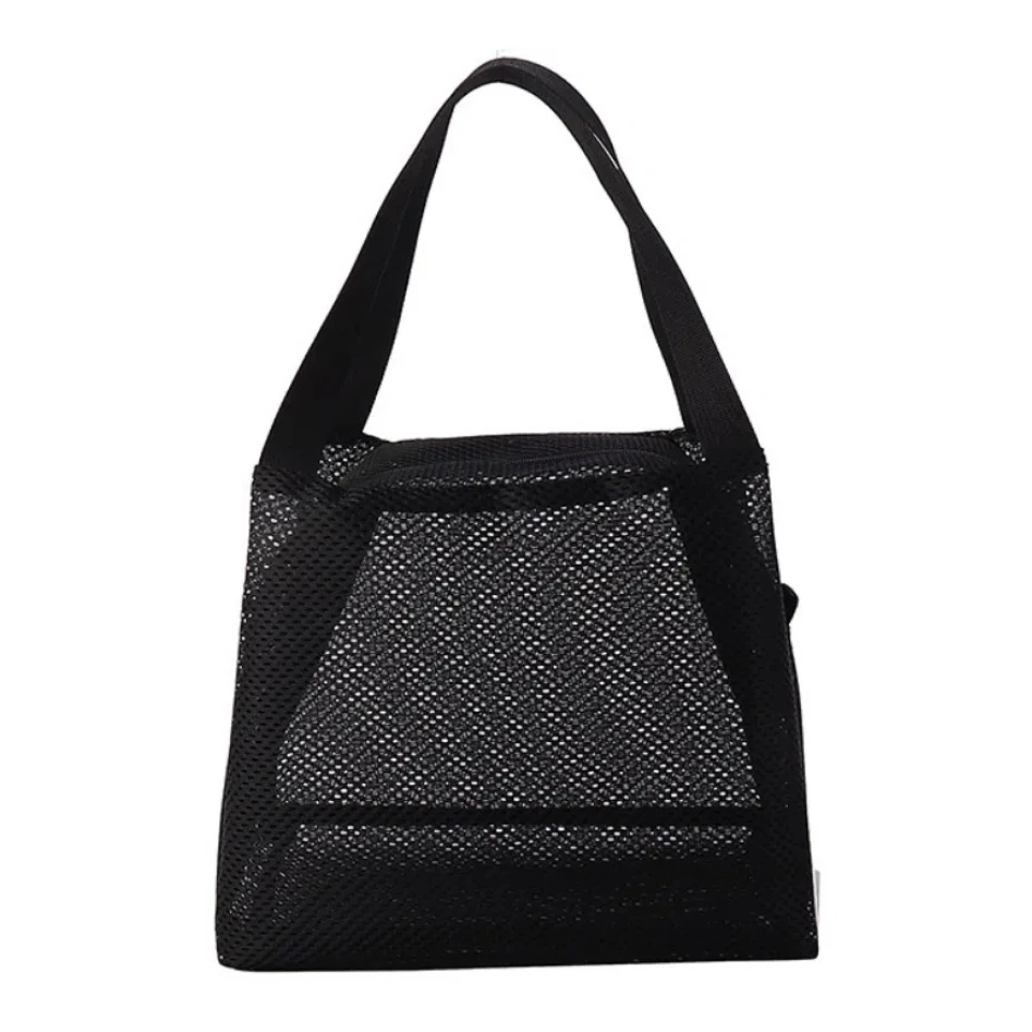 Reusable Casual Mesh Tote Beach Bag with Handle Large Capacity Cosmetic Zipper Pouch Soft Solid Color Bath Storage Handbag Gym
