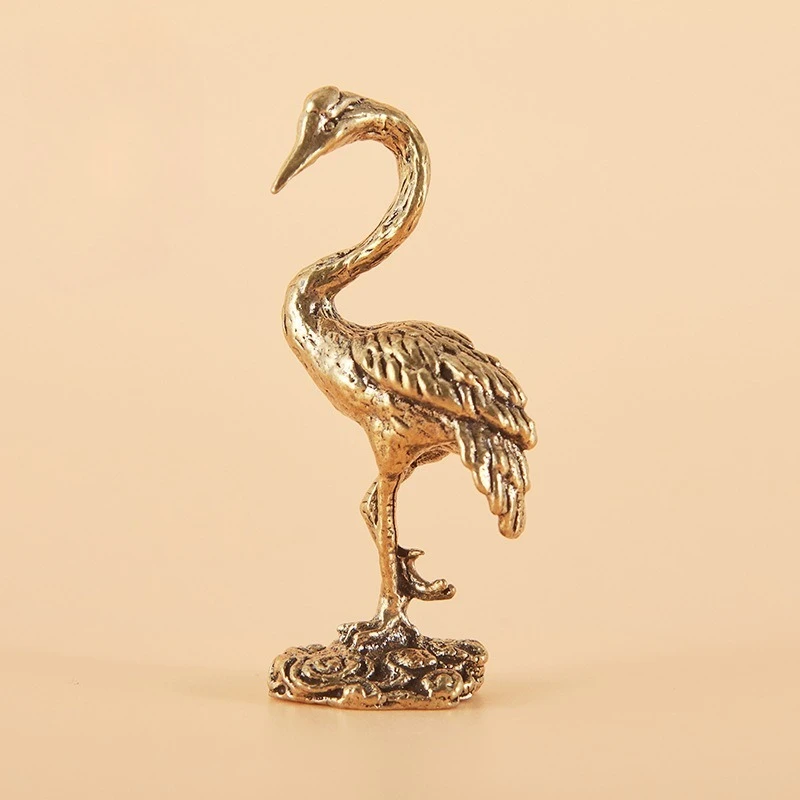 1 PC Copper Craft Antiqued Solid Brass Red-crowned Crane Figurine Ornament Study Office Desk Tea Pet Hand Fidget Home Decoration
