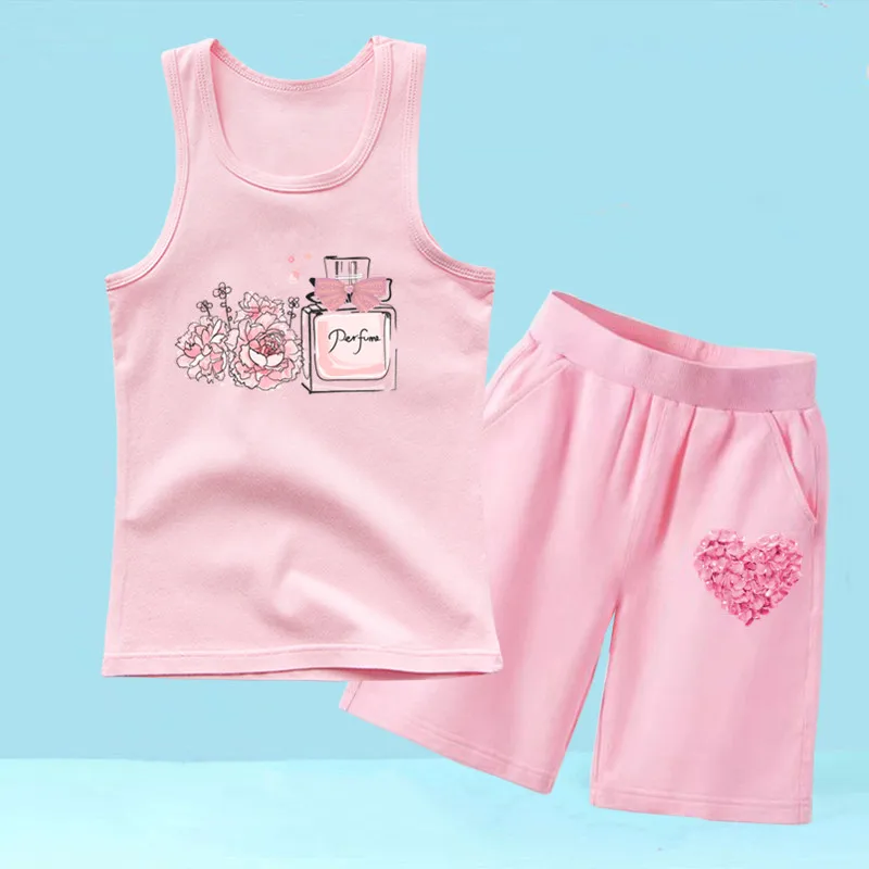 Summer Girls Vest Set Kids Perfume Bottle Print Sleeveless Tshirt Tops and Shorts 2PCS Clothes Set Fashion Tracksuit