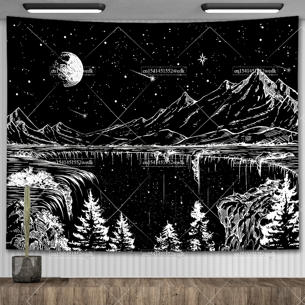 Boho Mountain Tapestry Landscape Tapestry Moon Starry Night Wall Hanging Tapestry Aesthetic Room Decor Backdrops Yoga Meditation