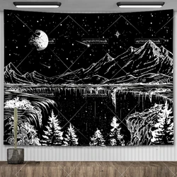 Boho Mountain Tapestry Landscape Tapestry Moon Starry Night Wall Hanging Tapestry Aesthetic Room Decor Backdrops Yoga Meditation