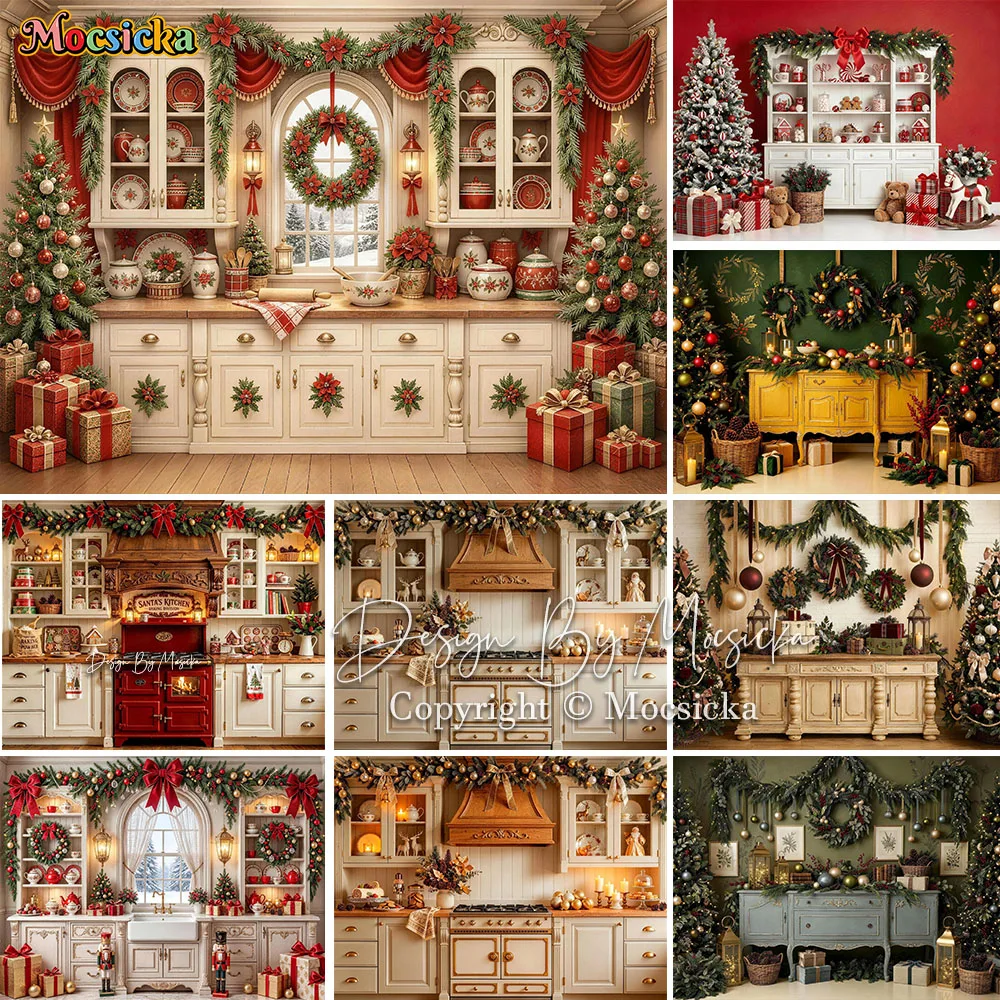 Mocsicka Toile de fond de photographie de Noël, Armoire de cuisine, Couronne, Enfants, Pâtisserie, Fond festif pour portraits, Famille, Studio photo