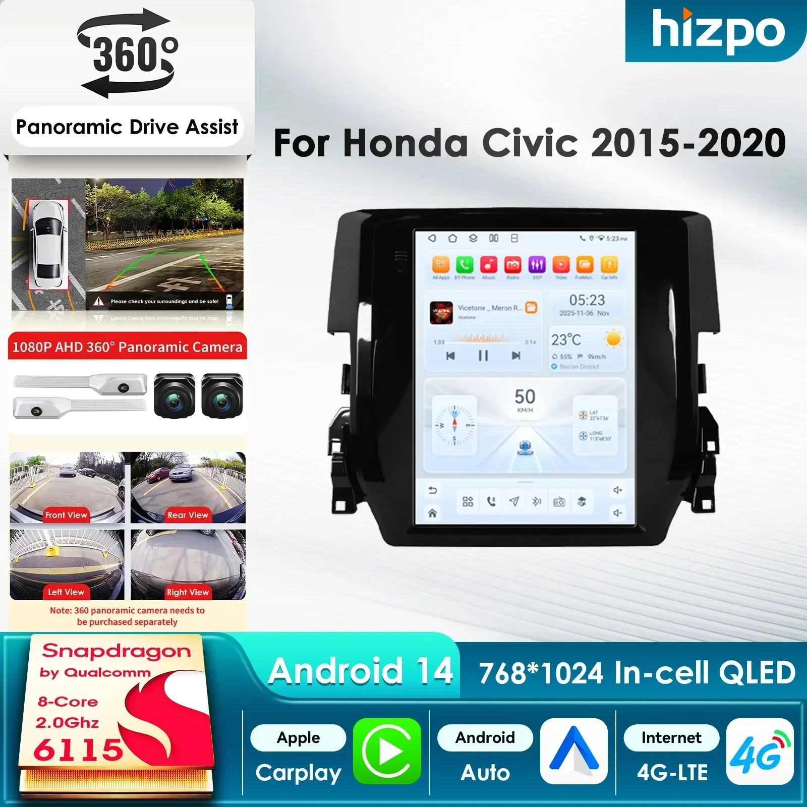 Hizpo 2-DIN Autoradio 9,7'' Carplay 4G 6115 AI-Systeme Android 15 Autoradio für Honda Civic 2015-2020 Multimedia-Videoplayer GPS 9,7 Zoll Tesla-Stil Intelligenter Bildschirm QLED-Display Automotive
