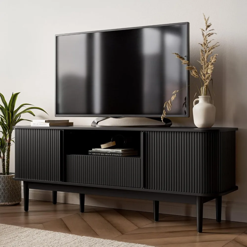 

Fluted Entertainment Center Modern TV Stand with Storage, Entertainment Center with Sliding Doors, Wood Media Console