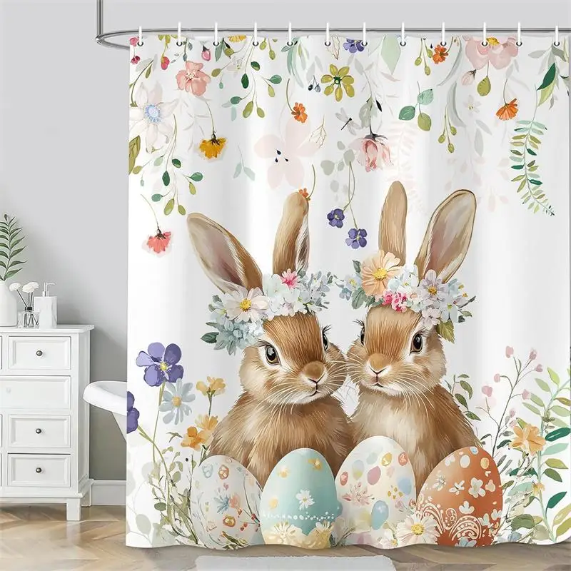 Spring Easter Bunny Shower Curtains Leaves Wildflower Watercolor Floral Rabbit Rustic Farmhouse Bathtub Bathroom Curtain Decor