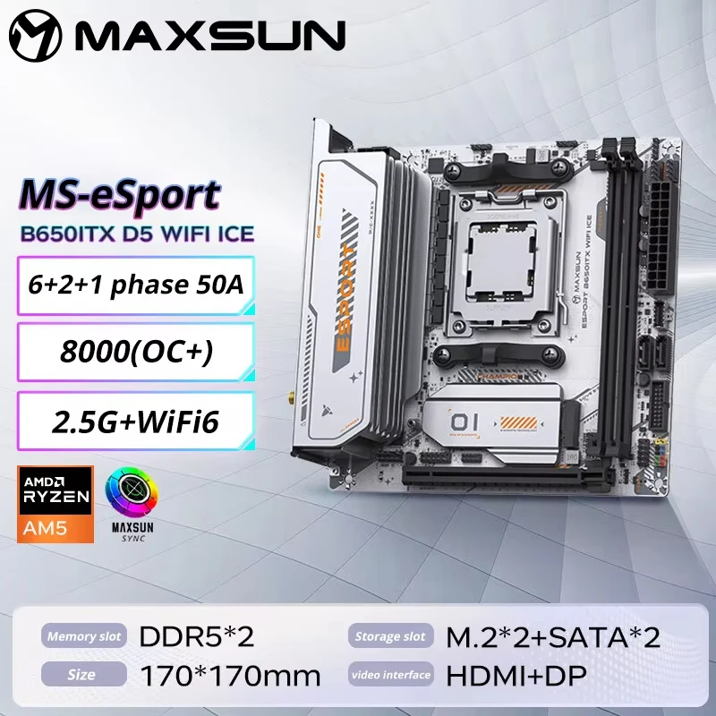 MAXSUN B650M eSport B650M WIFI ICE AMD B650 Supports 5600-8000 (OC+) Memory AMD Ryzen 7-8-9000 Series Motherboard Socket AM5