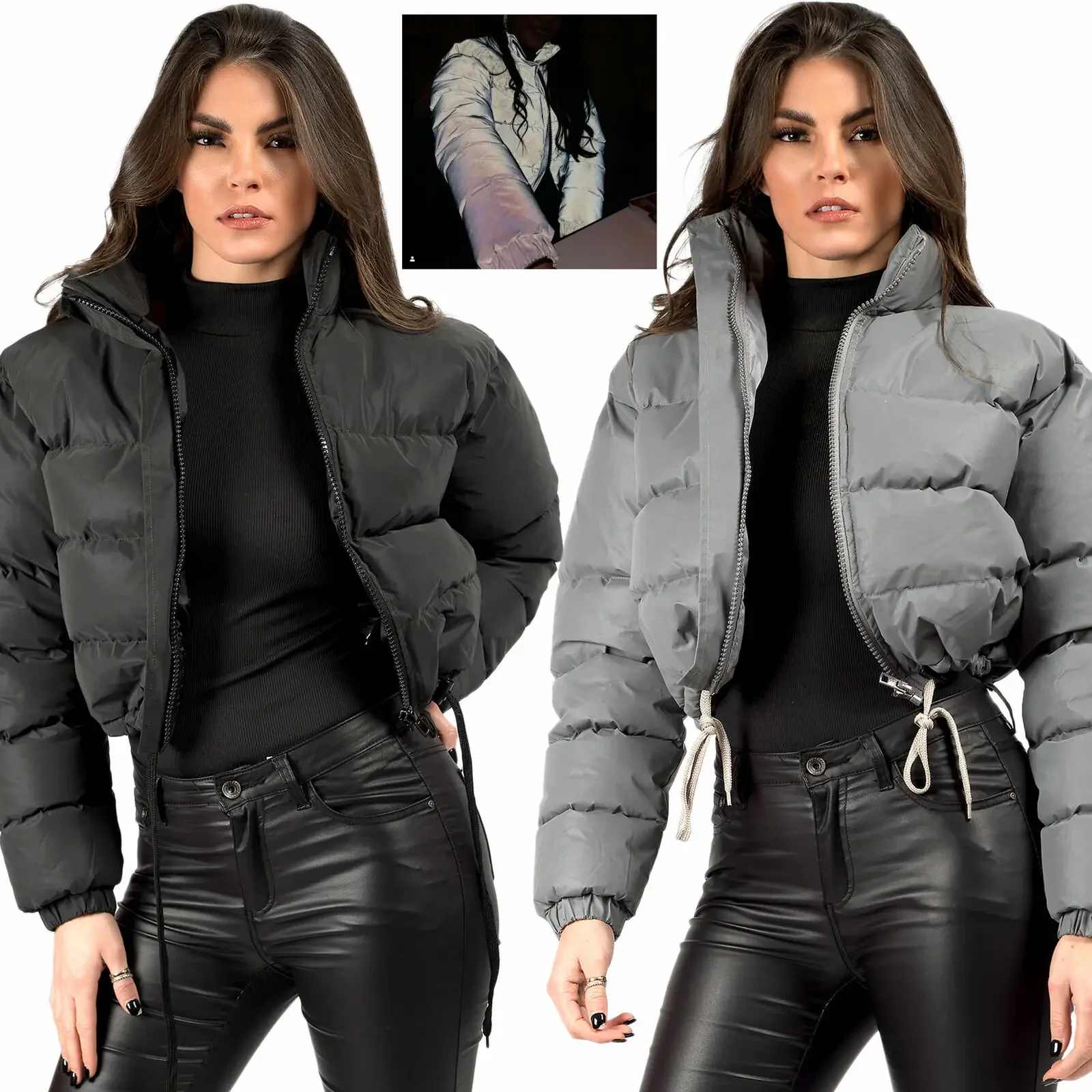 Mulheres gola Stand zíper manga cheia casaco curto, elegante casaco de emenda, grosso, quente, monocromático, parkas com cordão, outono, inverno