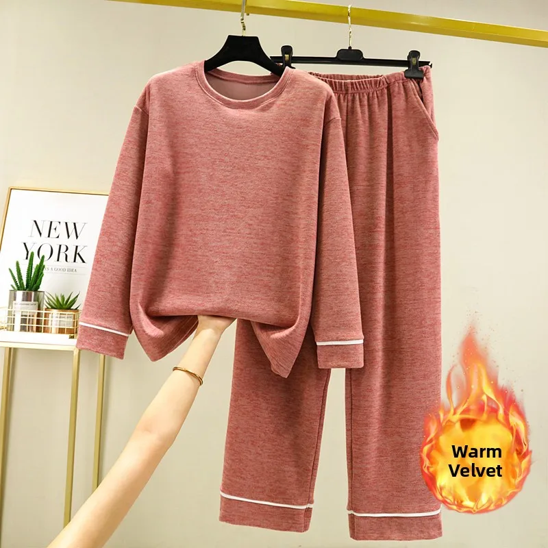 Thickened Fleece Long Sleeve Home Clothes Set Women's Warm Sleepwear Loose Casual Pants Two-Piece Set Autumn Winter Home Leisure