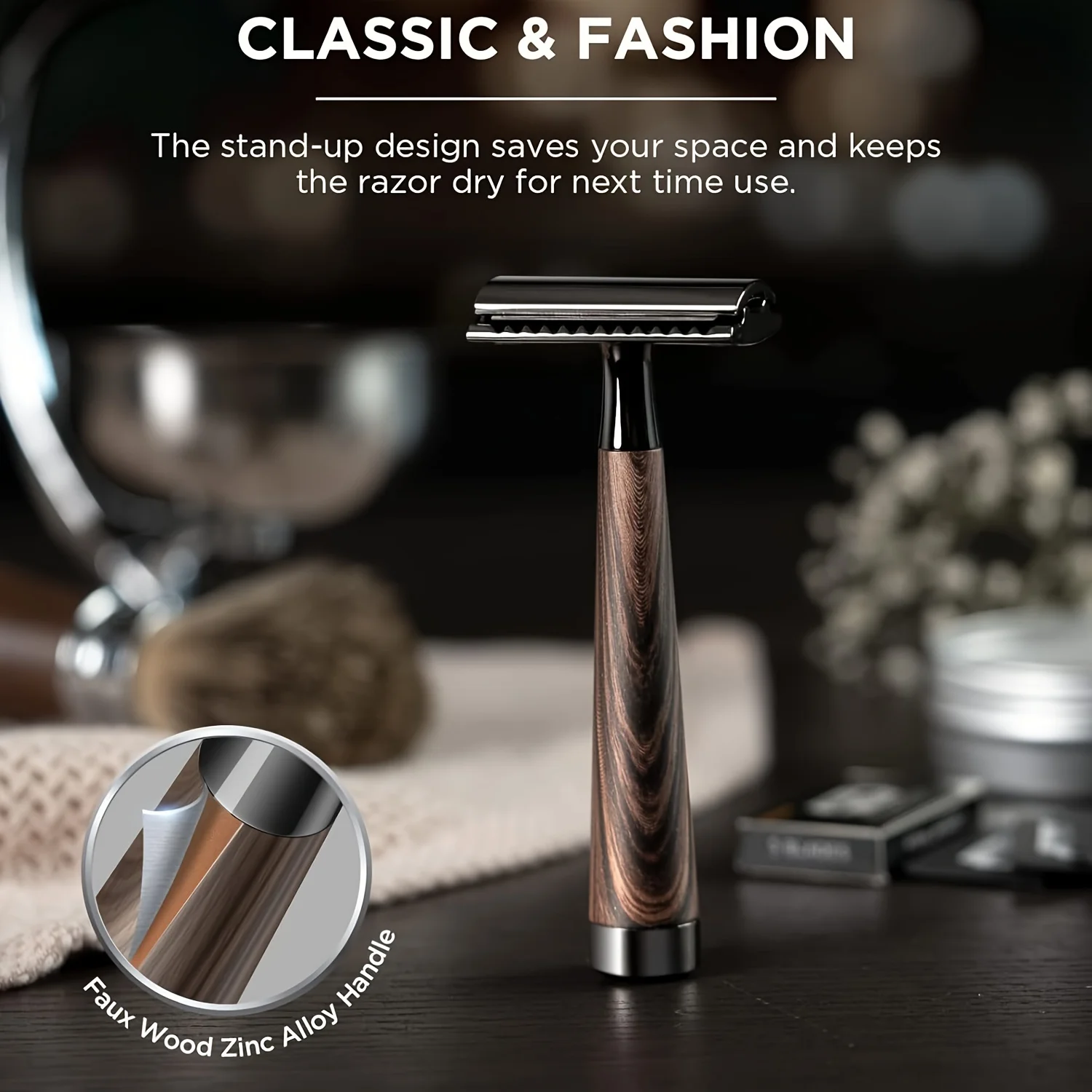 1set Professional Men's Double Edge Safety Razor, Faux Wood Texture Zinc Alloy Handle Razor with 5 Swiss Stainless Steel Blades