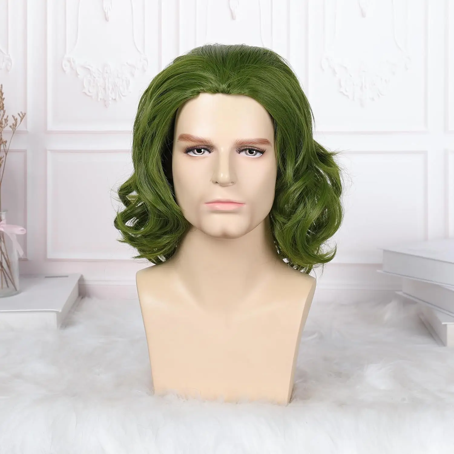 Peluca rizada corta verde de 14 "para hombre, peluca Joker, peluca ondulada sintética hasta los hombros, disfraz de Halloween y Navidad para cosplay