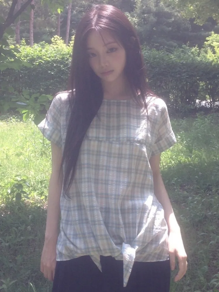 

Sweet Youthful Women's irt Vintage Plaid Loose ort Sve Overhead Knot Tied ature Figure Flattering Casual Top