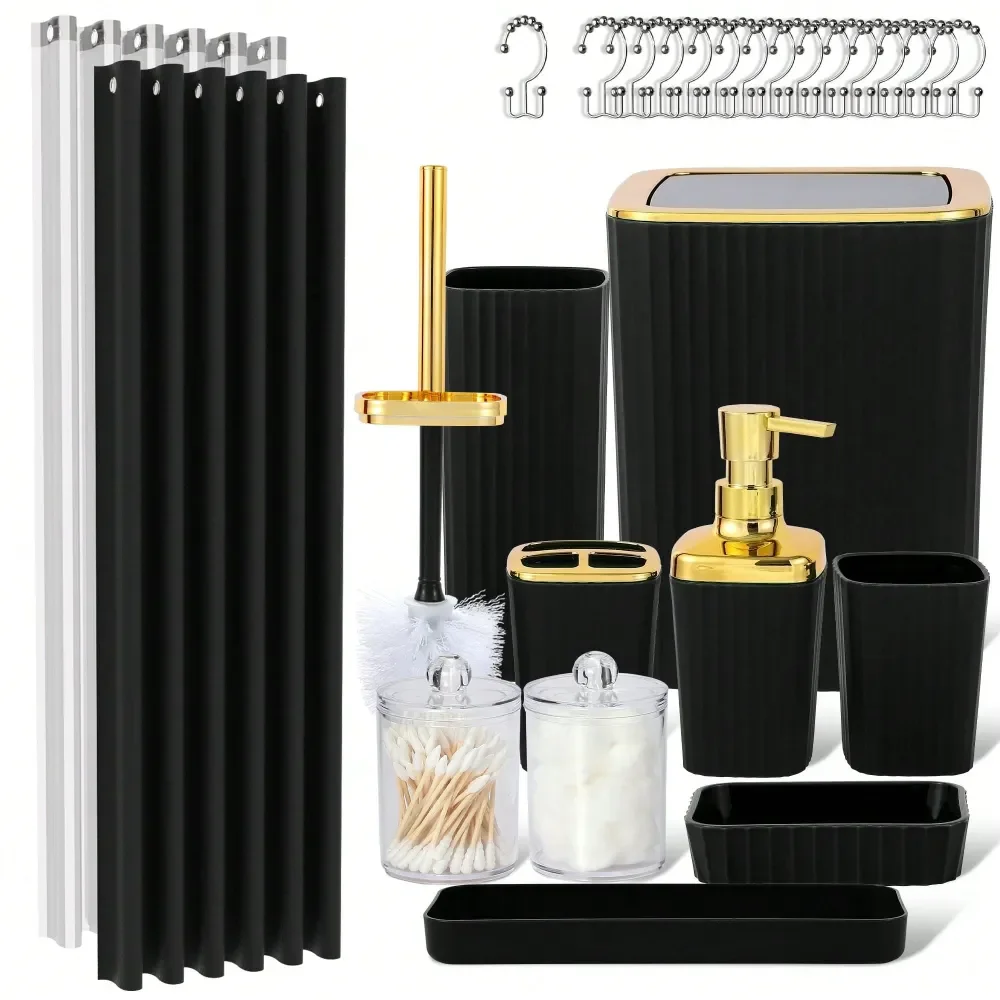 

Bathroom Accessories OrganizerBathroom Set, 23 PCS Black Bathroom Accessories Set With Shower Curtains, Trash Can, Toothbrush Ho
