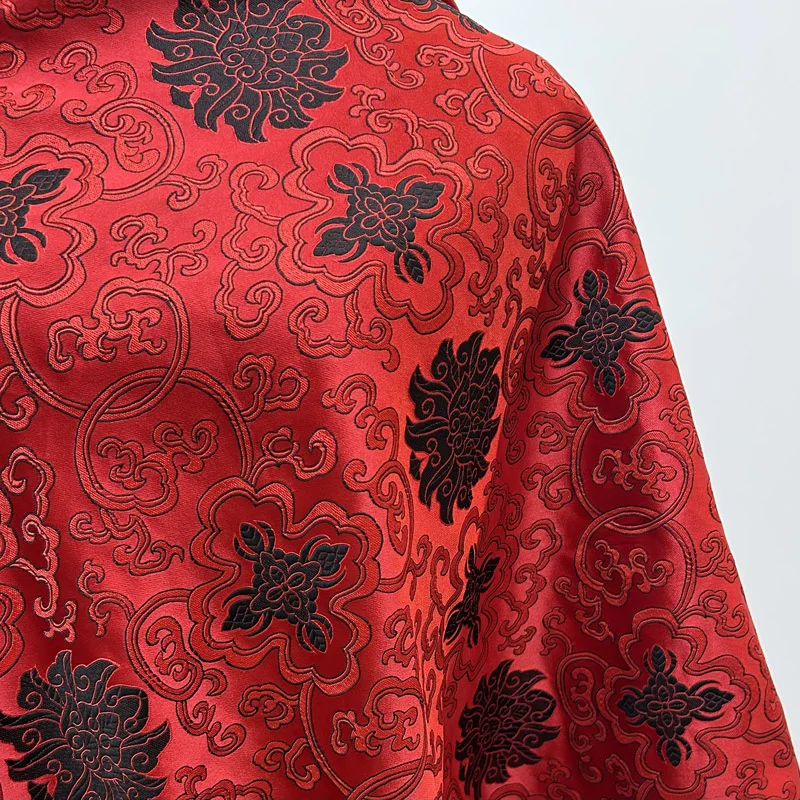 Tela de brocado rojo precortada con bordado negro, elegante Material decorativo DIY para vestido, abrigo, chaleco, artesanía de tapicería