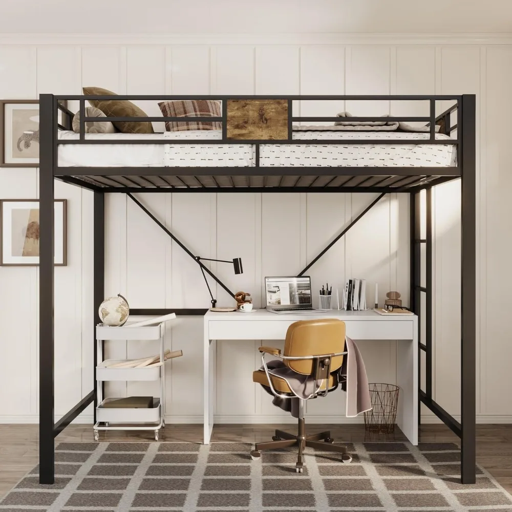 

Metal Twin Size Loft Bed Frame with Stairs & Full-Length Guardrail, Space-Saving, No Box Spring Needed, Noise Free, Black