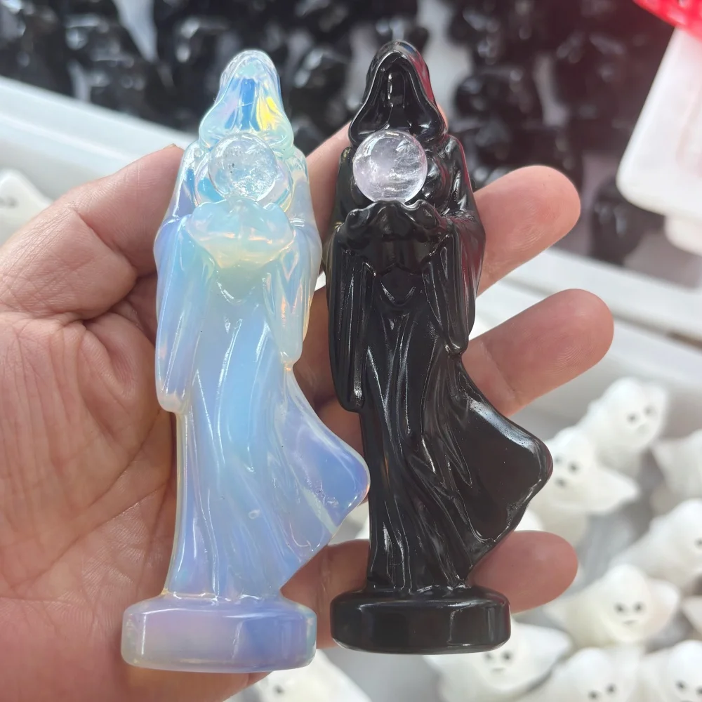 Natural Quartz Opalite Black Obsidian Witch Set Crystal Statue Hold Sphere Reiki Healing Stone Halloween Altar Decor Gift