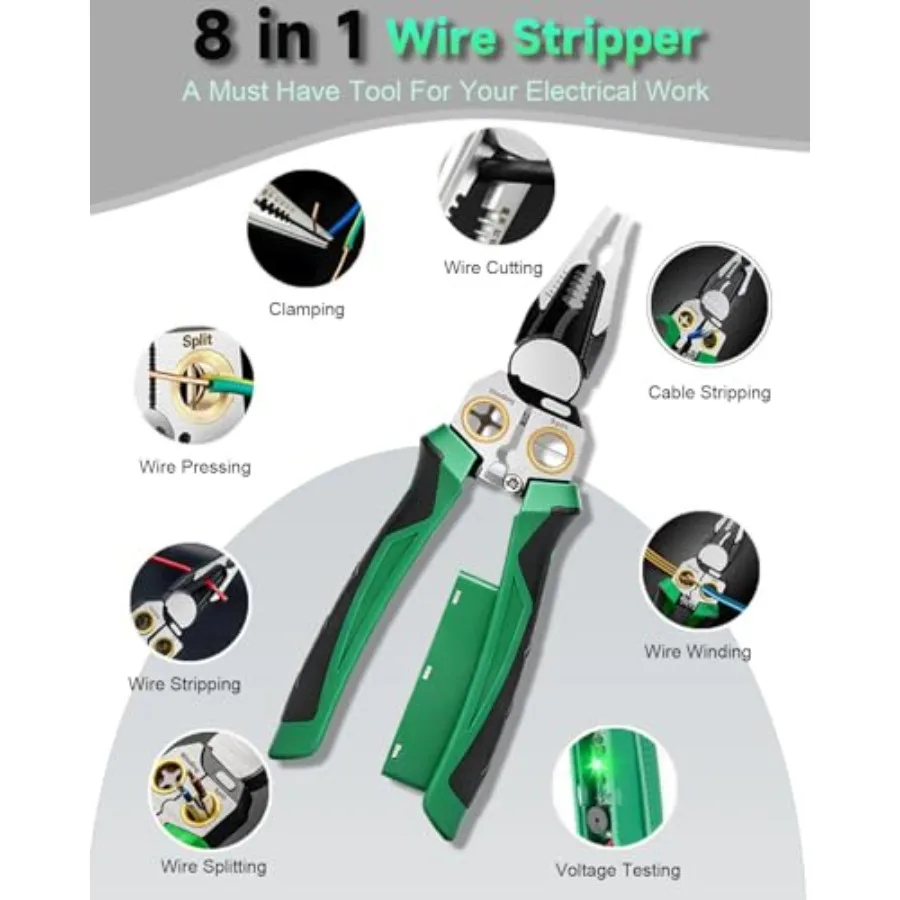 8 in 1 Wire Stripper With Voltage Tester Electrician Tools Wire Stripper Tool 12 250V AC/DC Dual Alarm Detector for Home and Pr