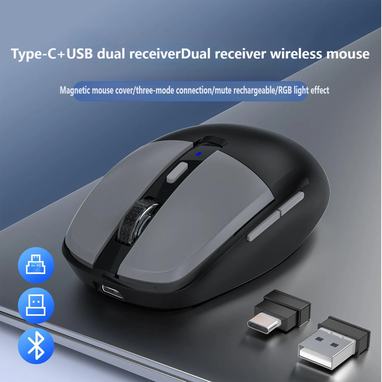 Tri-Mode Wireless Mouse with USB&Type-C Dual Receiver 2.4G Bluetooth Rechargeable Silent Click RGB For Office Gaming PC Laptop