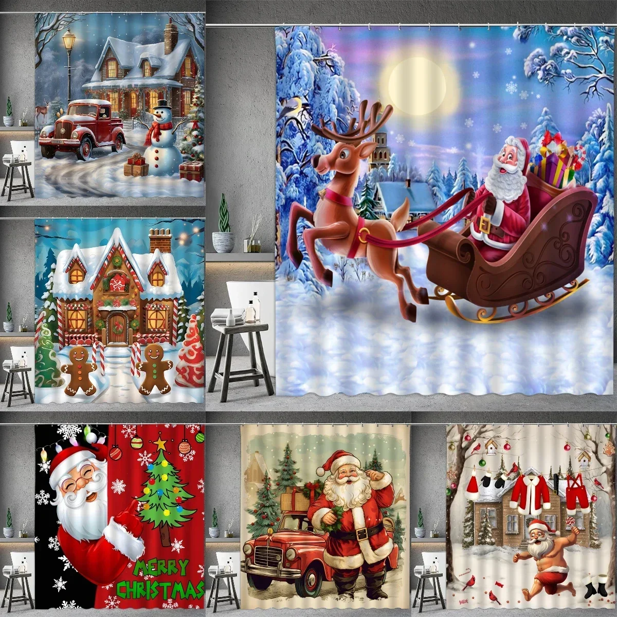 Christmas Shower Curtain, Winter Snowman Santa Claus Snowflake Gnome Farm Truck Berry Christmas Tree Cartoon Bathroom Decoration