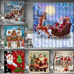 Christmas Shower Curtain, Winter Snowman Santa Claus Snowflake Gnome Farm Truck Berry Christmas Tree Cartoon Bathroom Decoration