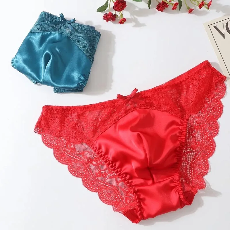 Sexy Mens Briefs See Through Lace Satin Bow Convex Pouch Sissy Panties Cross-dressing Soft Breathable Erotic Lingerie view 2