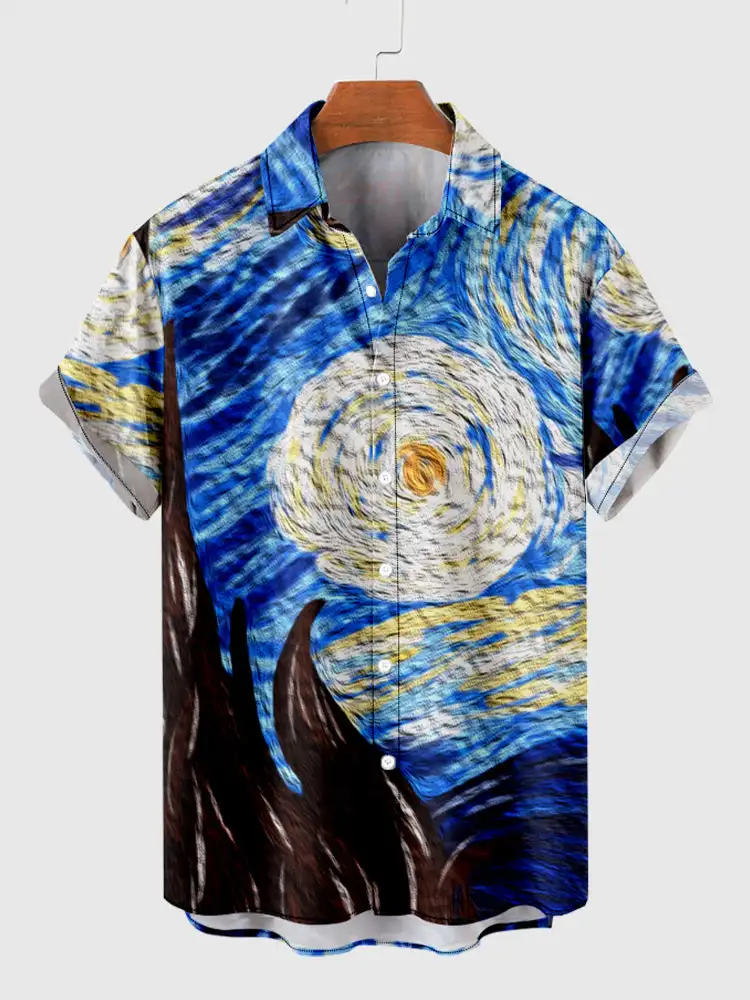 Camisa de praia de manga curta masculina, estampada, céu estelar, pintura a óleo, havaiana, folclórica, casual, artística, verão, 2024