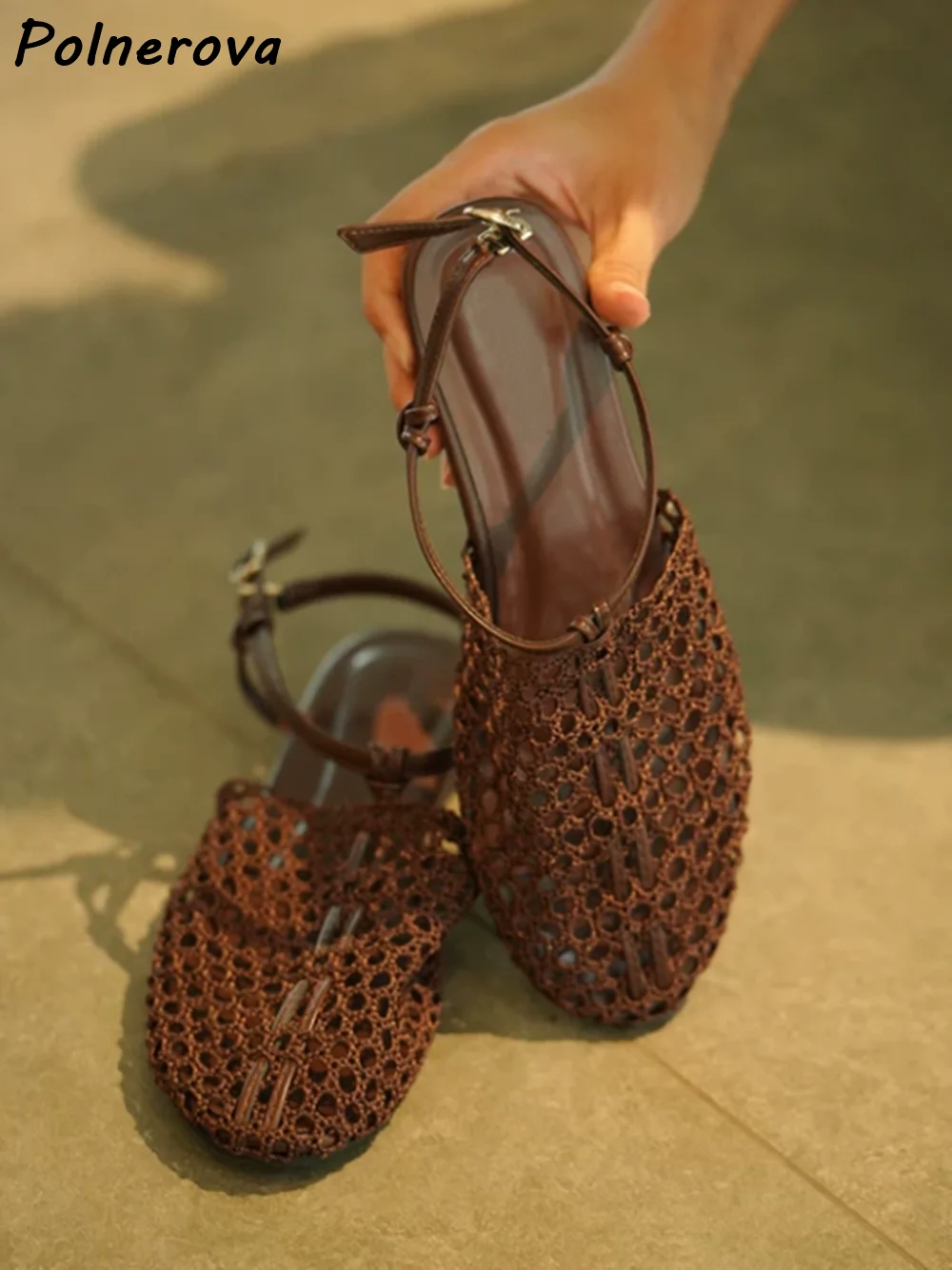 Brown Crochet Woven Sandals Women Hollow Out Round Toe Ankle Strap Flat Casual Shoes Leisure Vintage Solid Summer Shoes