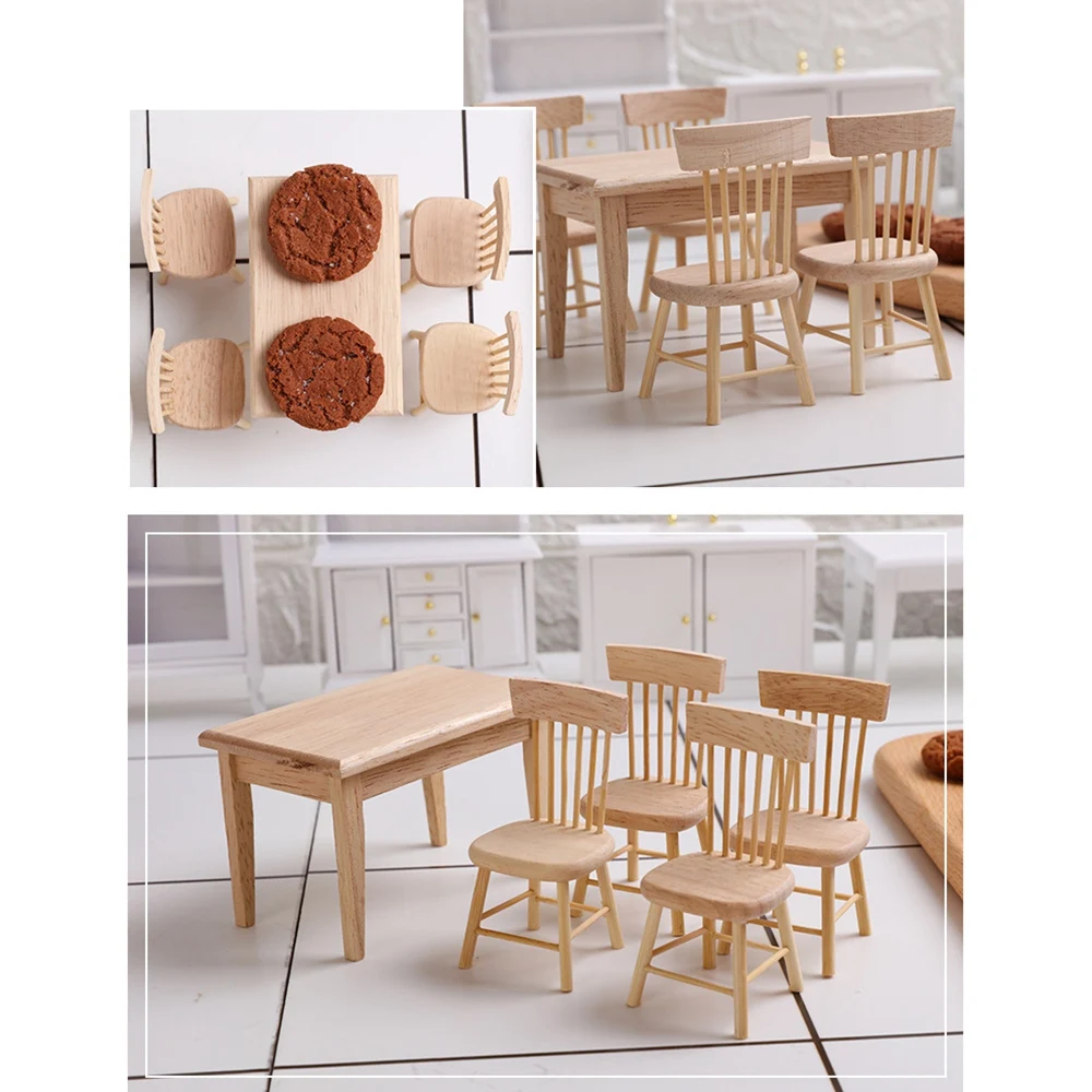 1/12 Wooden Dollhouse Furniture of Table & Chair Set, Miniature Dollhouse Accessories of Dining Room Accessory