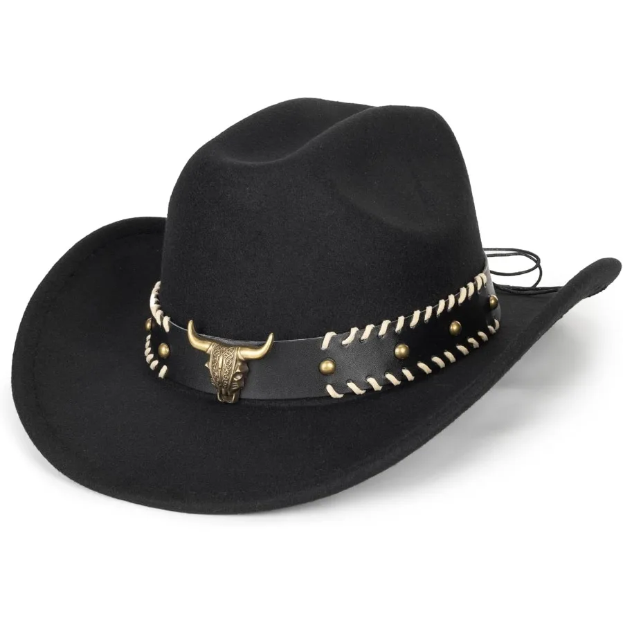 

Classic Western Cowboy Hats for Women and Men WideBrim Felt Fedora Cowgirl Hat with Bull Head Band Perfect for Ranch Rides Outd