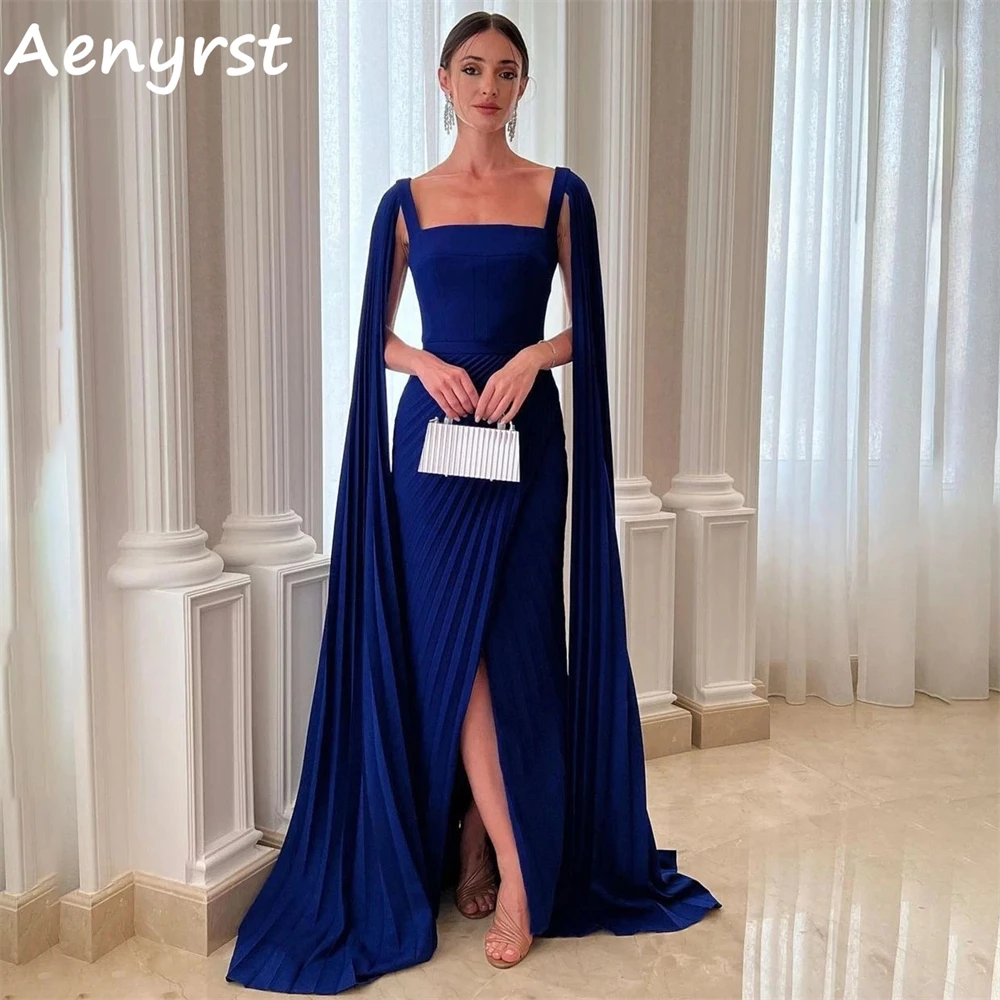 

Aenyrst Square Collar Long Cap Sleeves Prom Dresses Satin A Line Draped Evening Gowns Floor Length Dinner Party Dress For Women