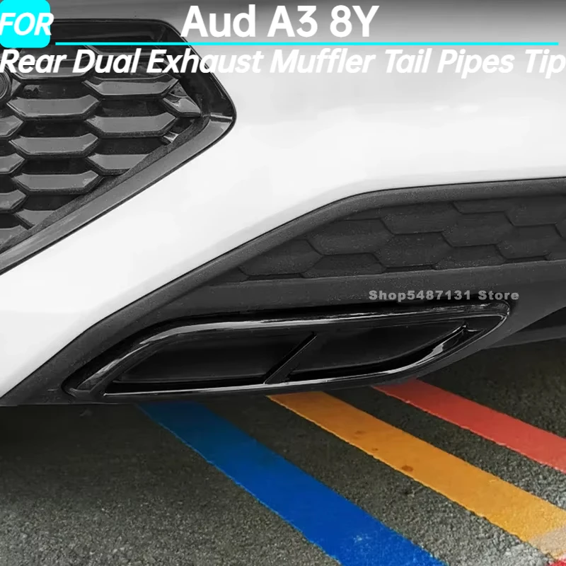ABS Bright Black Rear Dual Exhaust Muffler Tail Pipes Tip Trim Cover for Aud A3 8Y Interior Accessories 2021 2022 2023