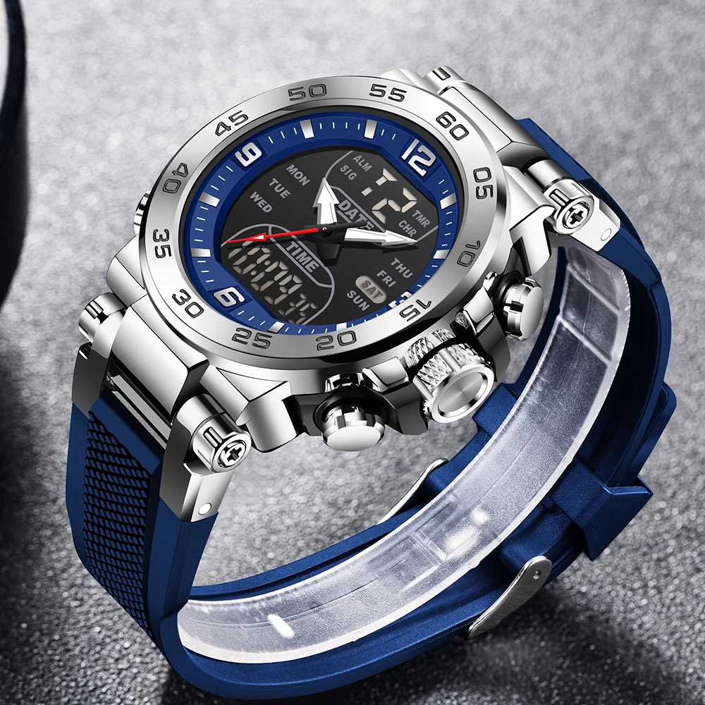 Foxbox Watch Sport LED Light Alarm Clock Dual Time Display Waterproof Alarm Clock Luminous Watch Auto Date Wristwatches Quartz