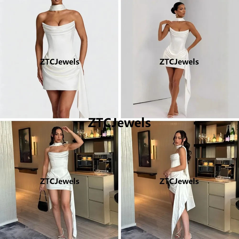 

Strapless Corset Dress Black White Satin Mini Draped Dress with Scarf Cosplay Cocktail Party Dress