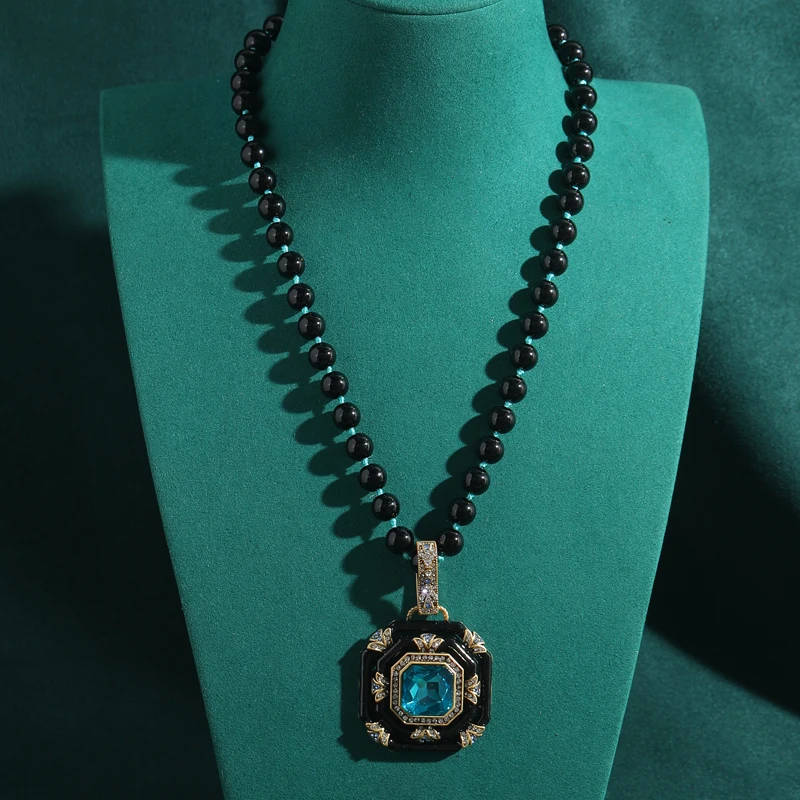 

Vintage Black Agate Beads Necklace Woman Square Pearl Enamel Sea Blue Crystal Pendant Elegant Antique Luxury Quality Jewelry