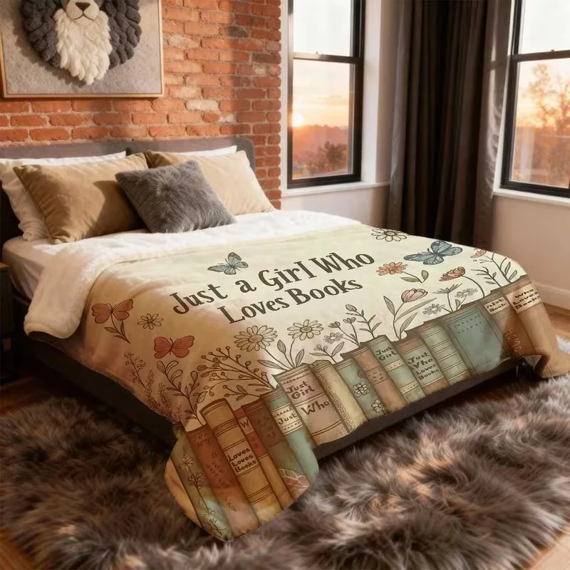 Vintage Stacked Book Floral Butterfly Flannel Blanket