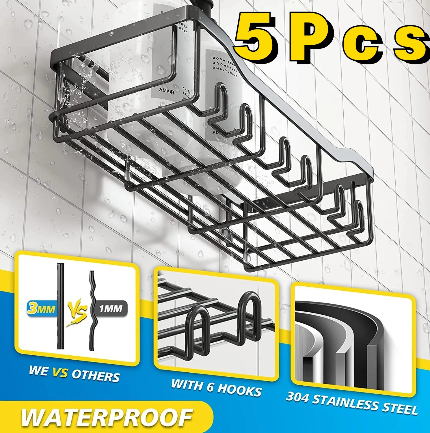 

5PCS Bathroom Nail-free Shelves Iron Wall Shelves Bathroom Shampoo Soap Toothbrush Storage Accessories Bathroom Storage Units