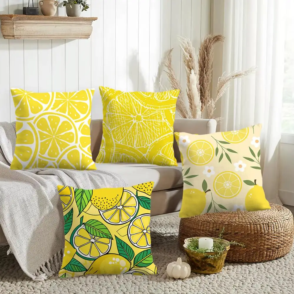 Lemon Fruit Pattern Cushion Cover Double-Sided Printed Organic Linen Pillow Cover, Decorative for Sofa Home
