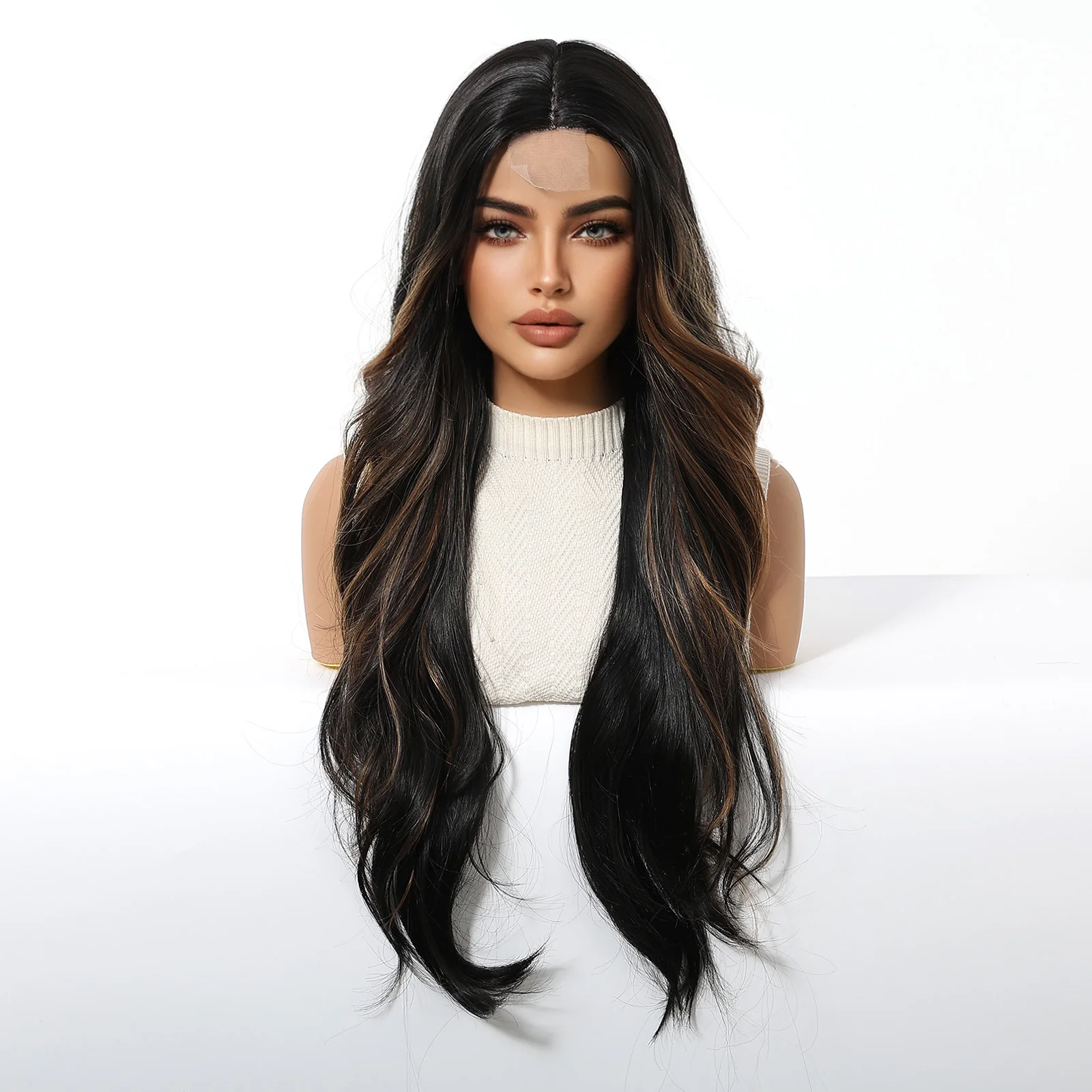 Afbeelding 3: LOUIS FERRE Hoogtepunten Zwart Bruin Pruiken Lange Body Wave Haarlijn Lace Front Synthetische Pruik Voor Vrouwen Dagelijks Natuurlijke Middelste Deel Pruik
