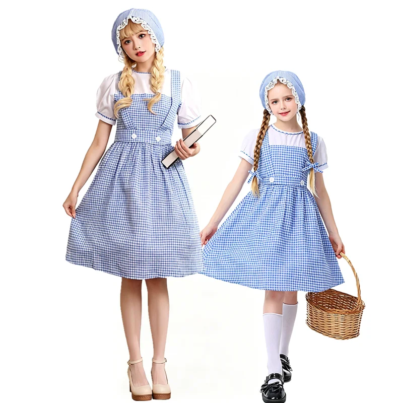 

Adult Children's Theatrical Costume Green Gingham Plaid Dress with Headscarf Halloween Cosplay Country Style Dress