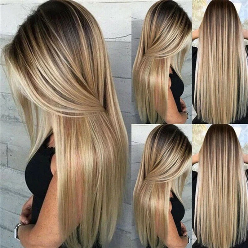 

13x4 Ombre Ash Blonde Highlight Synthetic Lace Front Wig with Dark Roots 30 Inches Super Long Straight Wig Preplucked Hairline